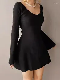 Casual Dresses Y2k Punk Gothic Black Long-sleeved Party Mini Dress Fashion Spring And Autumn Slim Sexy Elegant Club A-line Skirt