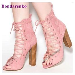 Boots Light Pink Suede Lace Up Open Toe Chunky High Heels Peep Cross Tied Ankle Lady Fashion Spring Autume Party Dress