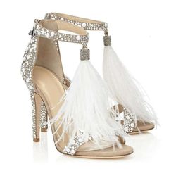 Gorgeous Beaded Feathers Tassels Shoes Wedding Heels 10 CM Open Toe Prom Evening Party Bridal High Lady Formal Dress Stiletto Heel Cb