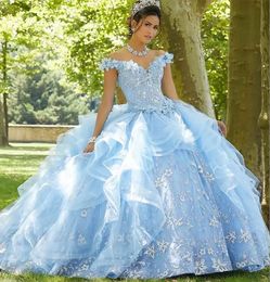 Light Sky Blue Beaded Ball Gown Quinceanera Dresses Lace Sequined Off The Shoulder Prom Gowns Tiered Sweep Train Tulle Sweet 15 Masquerade Dress