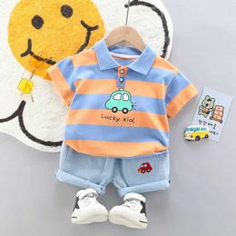 Clothing Sets High-Quality Baby boys Polo Shirt + Handsome Denim Shorts 2-Piece Set kids girls clothes suits summer Y240515