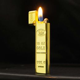 Bd8015 Creative Gold Bar Open Flame Lighter Metal Drawing Grinding Wheel Iatable Cigarette Lighter Wholesale