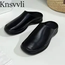 Slippers Classic Thick Sole Women Black White Genuine Leather Round Toe Mules Summer Slides Casual Shoes Flat Woman
