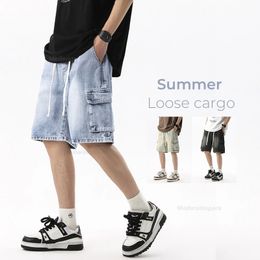 Summer Cargo Jeans Men Pockets Denim Shorts Elastic Waist Loose Straight High Street Wide Knee-length Short Pants 240517