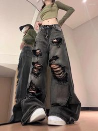 Women's Jeans American Vintage High Waist Hole Solid Colour Casual Loose Punk Gothic Pantalones De Mujer Y2k Streetwear Design Clothing