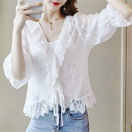 Women's Knits Women Cardigan Coat White Chiffon Sun Protection Thin Top Summer Loose Three Quarter Sleeve Sunscreen Lace-Up Hollow Out