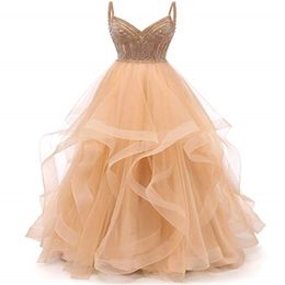 Tulle Crystal Beaded Prom Dresses Tiered Formal Evening Dresses Spaghetti Strap Ball Gown 247A