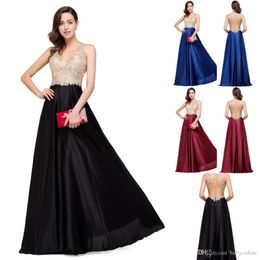 Sexy Backless Lace Satin Evening Dress A Line V Neck Gold Appliques Prom Gowns Robe De Soiree Cheap CPS358 304A