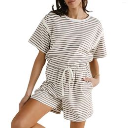 Women's Tracksuits Women Summer Shorts Outfits Stripe Round Neck Short Sleeve T-Shirts Tops Elastic Waist 2 Pieces Clothes Set Streetwear