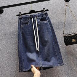 Skirts Female Split Jean A-Line Skirt Woman Summer High Waist Double Buttons Blue Midi For Women Korean Office Denim Q371