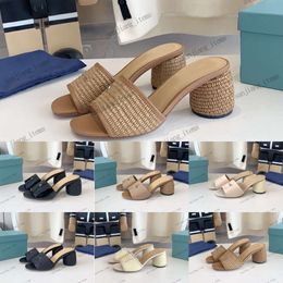 Brown Black raffias mid heeled sandals slipper Woven metal letter round heels slides women's dress shoes triangle patent leather open toe pump slip on mule shoes