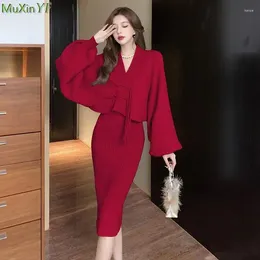 Work Dresses Women Vintage Chinese Style Knit Matching Sets Lady Graceful Sweater Coats Sleeveless Dress Two Piece Suits 2024 Red Outfits