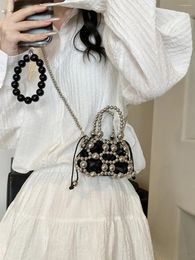 Shoulder Bags Small Pearl Bag Beaded Summer 2024 Fashion Hollow One-shoulder Mini Square Purses And Handbags