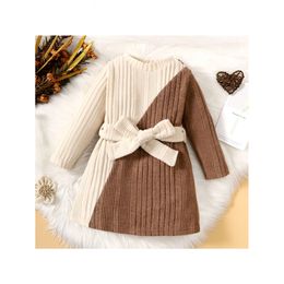 Infant Long Sleeve Colour Block with Belt Skirt Autumn and Winter Knit Dress Party Costumes For Toddler Girl 0-3 Years L2405