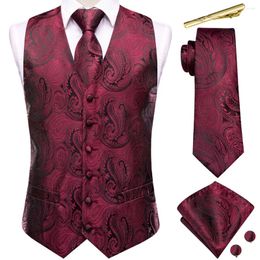 Men's Vests Wine Red Paisley Men Silk Vest Jacquard SleevelessWaistcoat Jacket Necktie Clips Hanky Cufflinks Wedding Business Party Hi-Tie