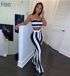 HAOYUAN Women Two Piece Outfits Sexy Club Festival Clothing Striped Crop Top and Flare Pants Birthday Matching Suit 2 Piece Set7305857