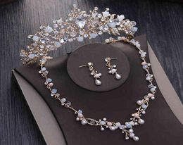 Noble Crystal Beads Pearl Gold Bridal Sets Rhinestone Diadem Tiaras Necklace Earrings Baroque Crown Wedding Jewellery Set7120442