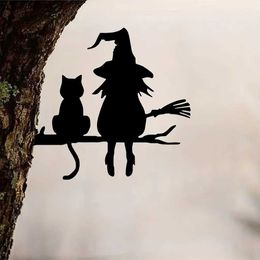 Decorative Objects FigurinesIron Silhouette Cute Witch Cat Garden Stake On The Branch Yard Art Decor Tree Stump Plug-in for Lawn Courtyard H240516