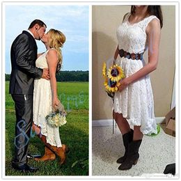 Little White Dress Vintage High Low Beach Wedding Dresses Full Lace V-neck Bohemian Western Country Cowgirls Bridal Reception Gown 227E