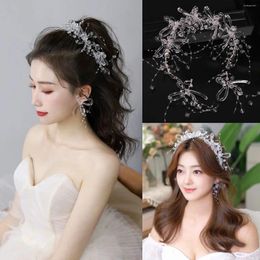 Headpieces Bridal Headdress Crystal Tassels Hair Band Wedding Crown Beaded Transparent Woven Bow Earrings Hairbands Set Accessories