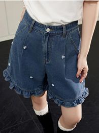 Women's Jeans Korejepo Wide Leg Retro Denim Shorts Women 2024 Summer High Waisted French Ruffled Edge Studded Beaded Slimming Pants