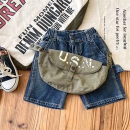 DD style Kids half jeans Trendy boys elastic waist denim pants with waist bags fashion children casual Knee-Length cowboy trousers S1383