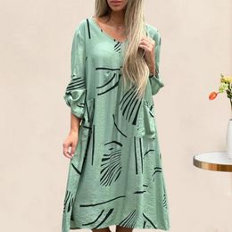 Casual Dresses Summer Daily Dress Stylish Women's V Neck Midi With Three Quarter Sleeves Plus Size Patch Pocket Loose Fit For