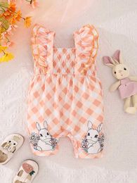 Rompers Cute girl orange plaid and rabbit print Onesie sweet comfortable breathable and cool summer baby shorts d240516