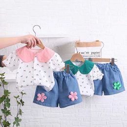 Clothing Sets Summer Cute Sweet Baby Girls Floral Clothes Sets Fashion Kids Doll Collar Shirts Tops+ Denim Shorts 2Pcs Suit Girls Outfits Y240515