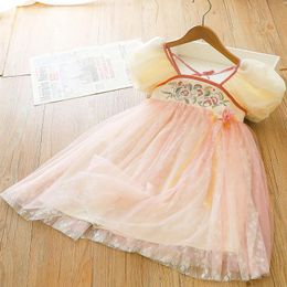 Girl Dresses Chinese Style Girl's Embroidered Summer Children's Soft Ancient Mesh Princess Dress