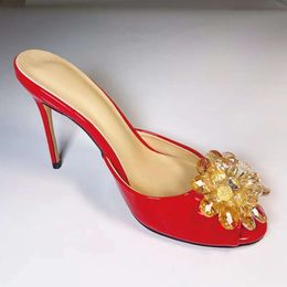 Ladies 2024 women Genuine real leather high heels summer sandals bead 3D flower Flip-flops slipper slip-on wedding dress Gladiator sexy shoes diamond 34-43 3 182b
