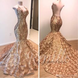 African Gold Mermaid Prom Dresses 2022 Halter V Neck 3D Flowers Black Girls Evening Dress Long Sweep Train Arabic Dubai Gowns Custom Ma 324M