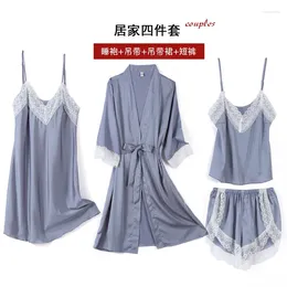 Women's Sleepwear Sexy Pajamas Sets Lace Trim Pijamas 4 Four Pieces Womens Sleep Set Faux Silk Robe Femme Lingerie