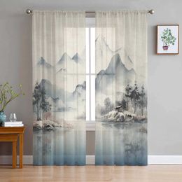 Window Treatments# Landscape Mountains Water Trees Watercolours Curtains Living Room Sheer Tulle Valances Kitchen Voile Curtain Bedroom Drape Y240517