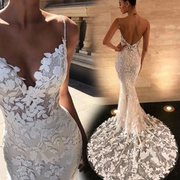 Plus Size Aso Ebi Mermaid Wedding Dresses long sleeves Elegant Long straps sexy v Neck Lace Beaded Bridal Dress for African Black Women with sweep Train Bridal Gowns