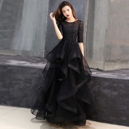 2021 Black Lace Tulle Long Modest Prom Dresses With Half 1 2 Sleeves A-line Floor Length Ruffles Skirt Teens Formal Party Dress 295h