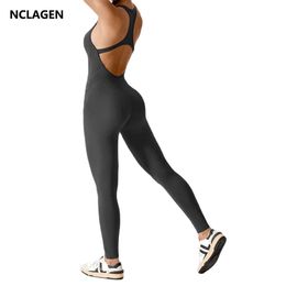 NCLAGEN Women Sports Jumpsuit GYM Clothes One-piece Yoga Suit Open Back Hollow-out Sleeveless Fiess Sportswear Workout Set L2405