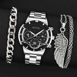 Wristwatches 3-piece fashionable mens business calendar watch mens casual silver bracelet wing necklace stainless steel quartz watchL2304