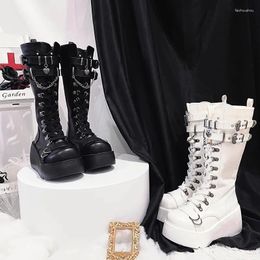 Boots Metal Buckle Chunky Platform Punk Women 2024 Winter Gothic Thick Bottom Knee High Woman Black Wedges Cosplay Shoes