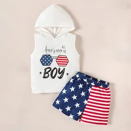 Clothing Sets Baby Boy 4th Of July Outfits Letter Print Hooded Tank Tops Elastic Waist Stripe Shorts Infant Summer Independence Day Set
