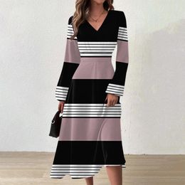 Casual Dresses Elegant Women Holiday Beach Temperament Long Sleeves Slim Waist Dress Slit Prom Striped Printing Vestido Robe