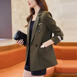 Women's Suits Military Green Fashion Suit Jacket Women Spring And Summer 2024 Casual Design Double-Breasted Long-Sleeved Loose Blazer Top