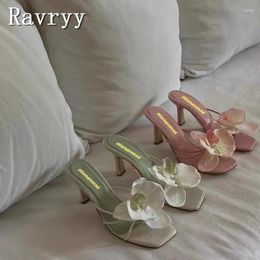 Slippers Summer Flower Decorative High Heel Sandals Women Designer Square Open Toe Sweet Girls Outwear Dress Beach Shoes