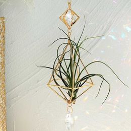 Decorative Objects Figurines Gold Hanging Air Plant Holder Tillandsia Plants Hanger Geometric Himmeli Fern Display Planter with Crystal Home Decor H240516