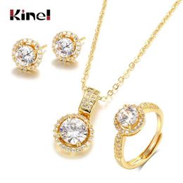 Wedding Jewellery Sets Kinel 18K Gold Zircon Set Engagement Ring Necklace Earrings Bridal Valentines Day Womens Gift