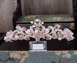 Sweet Pink Crystal Bridal Headpiece Chain Wedding Rhinestone Flowers Tiara Crown Headband Gold Bridesmaid Hair Jewellery H08277997473