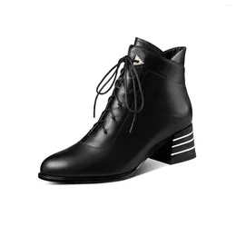 Boots Mstyle Lace Up Genuine Leather Ankle For Women Mid Block Heel Handmade Round Toe Front Selftie Autumn Winter Shoes