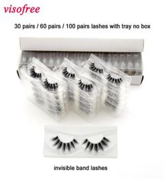 3060100 Pairs Lashes With Tray No Box 3D Mink Eyelashes Invisible Band Lashes Natural Long Transparent Band 3D3410339