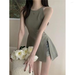 Women's Tanks 2024 Summer Sexy Solid Tank Top Knitted Sleeveless Straps O-neck Slim Fit A-Line Slit Versatile Casual Dress