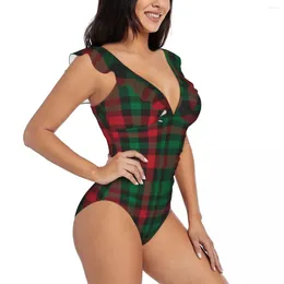 Women's Swimwear Women Christmas Plaid Chequered Tartan Pattern One Piece Sexy Ruffle Swimsuit Summer Beach Wear Slimming Bathing Suit